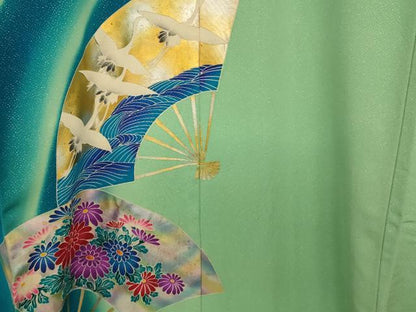 平和屋本店●お引きずり・お引き摺り・引き振袖 和装 結婚式 舞妓 芸妓 芸者 扇子飛鶴松竹梅文 暈し染め 金銀彩 銀通し地 逸品 AABK8345fw