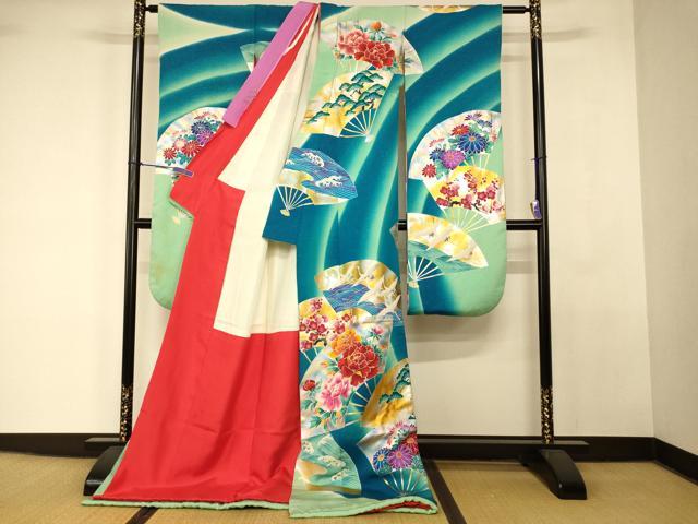平和屋本店●お引きずり・お引き摺り・引き振袖 和装 結婚式 舞妓 芸妓 芸者 扇子飛鶴松竹梅文 暈し染め 金銀彩 銀通し地 逸品 AABK8345fw