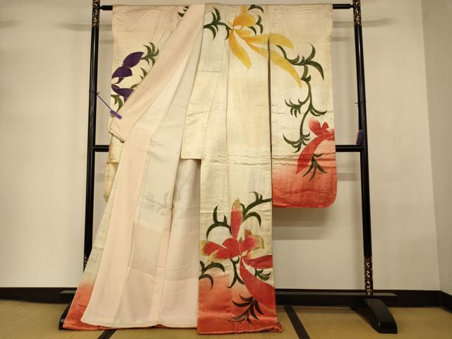 平和屋本店●お引きずり・お引き摺り・引き振袖 和装 結婚式 舞妓 芸妓 芸者 手描き 刺繍 枝花文 暈し染め 金彩 金銀糸 逸品 AABK8349fw
