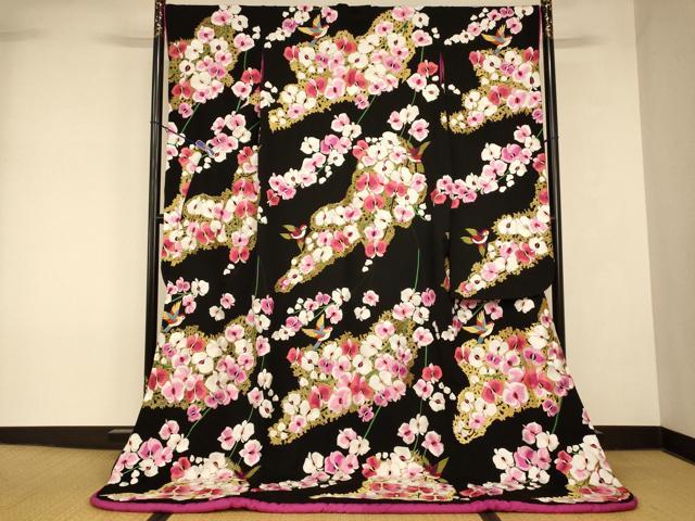 平和屋本店●お引きずり・お引き摺り・引き振袖　和装　結婚式　舞妓　芸妓　芸者　衣装　総刺繍　花鳥文　黒地　金銀糸　逸品　AABK8363fw