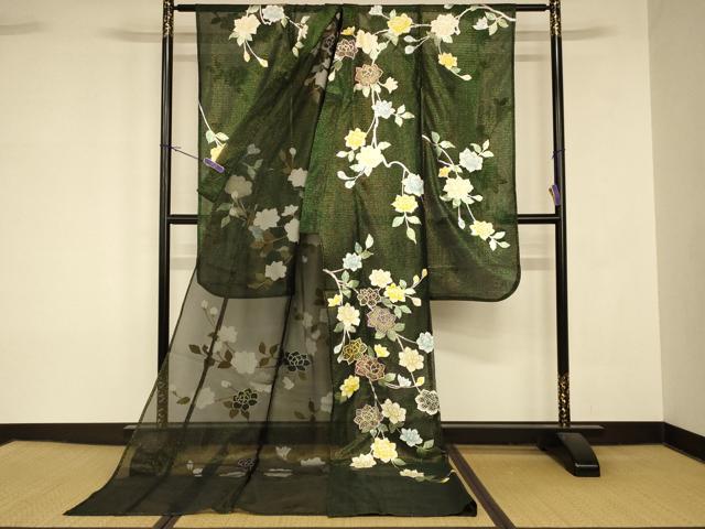 平和屋本店●夏物 お引きずり・お引き摺り・引き振袖 和装 結婚式 舞妓 芸妓 芸者 衣装 刺繍 オーガンジー 更紗花文 金糸 銀彩 AABK8379fw