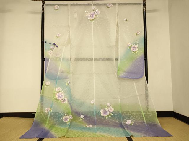 平和屋本店●夏物 お引きずり・お引き摺り・引き振袖 和装 結婚式 舞妓 芸妓 芸者 衣装 手描き オーガンジー 草花文 銀彩 AABK8382fw