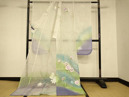 平和屋本店●夏物 お引きずり・お引き摺り・引き振袖 和装 結婚式 舞妓 芸妓 芸者 衣装 手描き オーガンジー 草花文 銀彩 AABK8382fw