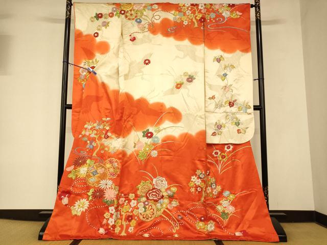 平和屋本店●お引きずり・お引き摺り・引き振袖 和装 結婚式 舞妓 芸妓 芸者 衣装 雪輪花車飛鶴文 暈し染め 金銀糸 逸品 AABK8385fw
