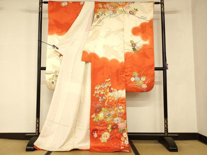 平和屋本店●お引きずり・お引き摺り・引き振袖 和装 結婚式 舞妓 芸妓 芸者 衣装 雪輪花車飛鶴文 暈し染め 金銀糸 逸品 AABK8385fw