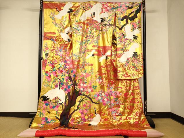 平和屋本店●本手描友禅作家　秋山章　色打掛　和装　婚礼　結婚式　花嫁　神社挙式　飛鶴枝梅光琳水　金彩　逸品　AABK8398fw