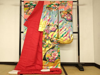 平和屋本店●本手描友禅作家　秋山章　色打掛　和装　婚礼　結婚式　花嫁　神社挙式　飛鶴地紙風景文　金銀彩　逸品　AABK8413fw