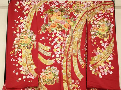 平和屋本店●中国三大刺繍 相良刺繍 手刺繍 色打掛 仮絵羽 和装 婚礼 結婚式 花嫁 神社挙式 駒刺繍 花車吉祥束ね熨斗文 金銀糸　AABK8420fw