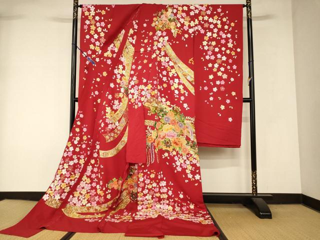 平和屋本店●中国三大刺繍 相良刺繍 手刺繍 色打掛 仮絵羽 和装 婚礼 結婚式 花嫁 神社挙式 駒刺繍 花車吉祥束ね熨斗文 金銀糸　AABK8420fw