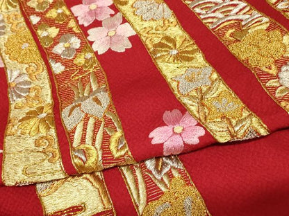 平和屋本店●中国三大刺繍 相良刺繍 手刺繍 色打掛 仮絵羽 和装 婚礼 結婚式 花嫁 神社挙式 駒刺繍 花車吉祥束ね熨斗文 金銀糸　AABK8420fw