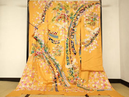 平和屋本店●中国三大刺繍 相良刺繍 手刺繍 色打掛 仮絵羽 和装 婚礼 結婚式 花嫁 神社挙式 駒刺繍 飛鶴花車熨斗文 金糸 逸品 AABK8422fw