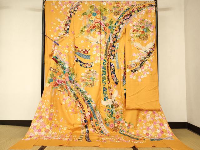 平和屋本店●中国三大刺繍 相良刺繍 手刺繍 色打掛 仮絵羽 和装 婚礼 結婚式 花嫁 神社挙式 駒刺繍 飛鶴花車熨斗文 金糸 逸品 AABK8422fw