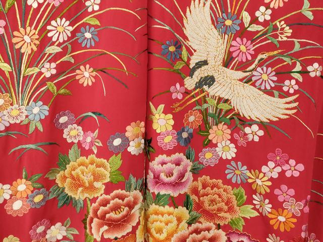 平和屋本店●中国三大刺繍 相良刺繍 手刺繍 色打掛 仮絵羽 和装 婚礼 結婚式 花嫁 神社挙式 駒刺繍 飛鶴草花文 金銀糸 逸品 AABK8424fw