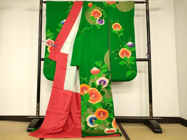 平和屋本店●お引きずり・お引き摺り・引き振袖 和装 結婚式 舞妓 芸妓 芸者 衣装 手描き 駒刺繍 枝花丸文 金糸 金彩 逸品 AABK8443fw