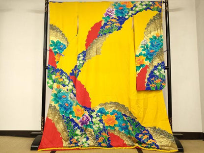 平和屋本店●本手描友禅作家 秋山章 お引きずり・お引き摺り・引き振袖 和装 結婚式 舞妓 芸妓 芸者 衣装 草花雪輪文 金彩 逸品 AABK8446fw
