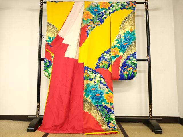 平和屋本店●本手描友禅作家 秋山章 お引きずり・お引き摺り・引き振袖 和装 結婚式 舞妓 芸妓 芸者 衣装 草花雪輪文 金彩 逸品 AABK8446fw