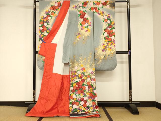平和屋本店●お引きずり・お引き摺り・引き振袖　和装　結婚式　舞妓　芸妓　芸者　衣装　孔雀羽草花文　暈し染め　金彩　逸品　AABK8447fw