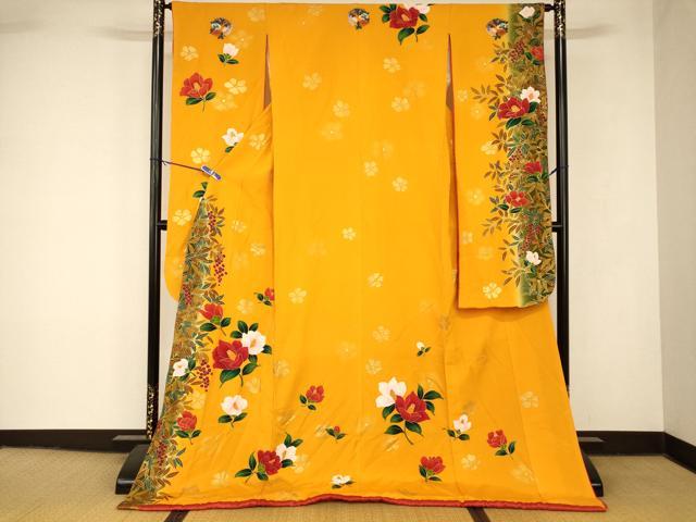 平和屋本店●お引きずり・お引き摺り・引き振袖　和装　結婚式　舞妓　芸妓　芸者　衣装　手描き　草花文　椿　金彩　逸品　AABK8449fw