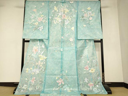 平和屋本店●お引きずり・お引き摺り・引き振袖　和装　結婚式　舞妓　芸妓　芸者　衣装　オーガンジー　草花文　金銀彩　逸品　AABK8468fw