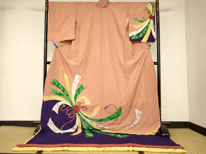 平和屋本店●お引きずり・お引き摺り・引き振袖　和装　結婚式　舞妓　芸妓　芸者　衣装　束ね熨斗吉祥花文　金彩　逸品　AABK8476fw