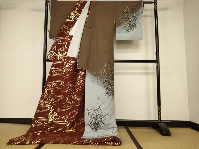 平和屋本店●お引きずり・お引き摺り　訪問着　和装　舞台　舞妓　芸妓　芸者　衣装　草葉文　暈し染め　金彩　逸品　AABK8478fw