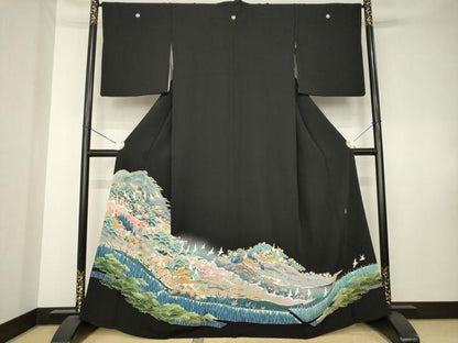 平和屋着物●本加賀友禅作家　金津五雄　黒留袖　遠山風景花鳥文　暈し染め　正絹　逸品　AABK8494ck
