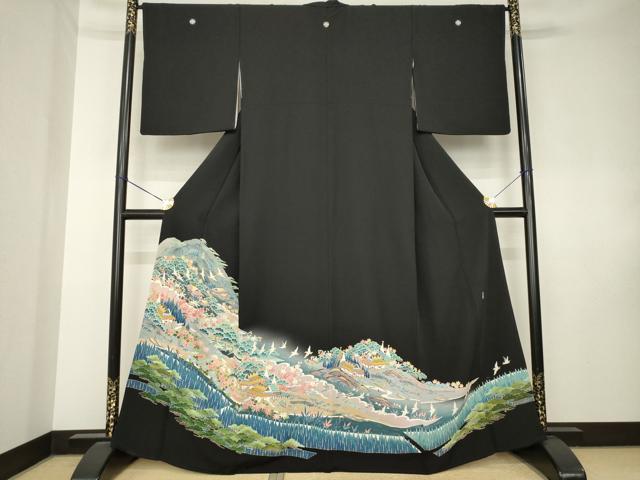 平和屋着物●本加賀友禅作家　金津五雄　黒留袖　遠山風景花鳥文　暈し染め　正絹　逸品　AABK8494ck