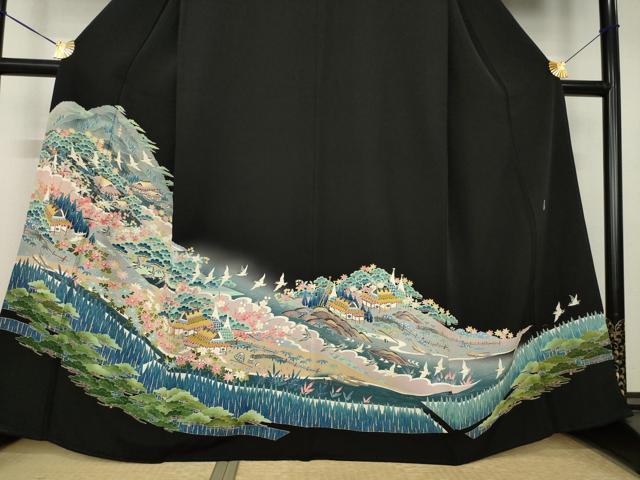 平和屋着物●本加賀友禅作家　金津五雄　黒留袖　遠山風景花鳥文　暈し染め　正絹　逸品　AABK8494ck