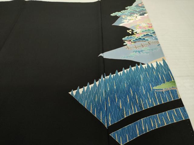 平和屋着物●本加賀友禅作家　金津五雄　黒留袖　遠山風景花鳥文　暈し染め　正絹　逸品　AABK8494ck