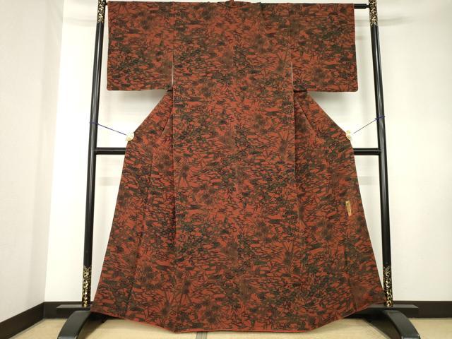 平和屋着物●宮内庁御用達　赤城右堂　小紋　型染め　流水花蝶文　鬼しぼ縮緬　正絹　逸品　AABK8519ck