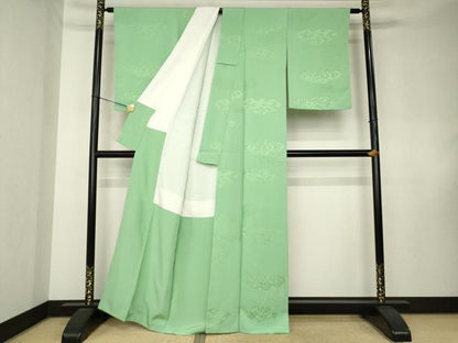 平和屋着物●上質な色無地　雲取り吉祥地紋　山葵色　正絹　逸品　未使用　AABK8520ck
