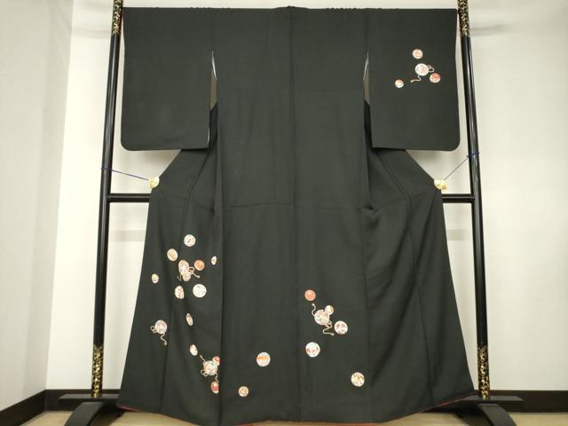 平和屋着物●訪問着　駒刺繍　花毬文　黒地　金彩　正絹　逸品　AABK8521ck
