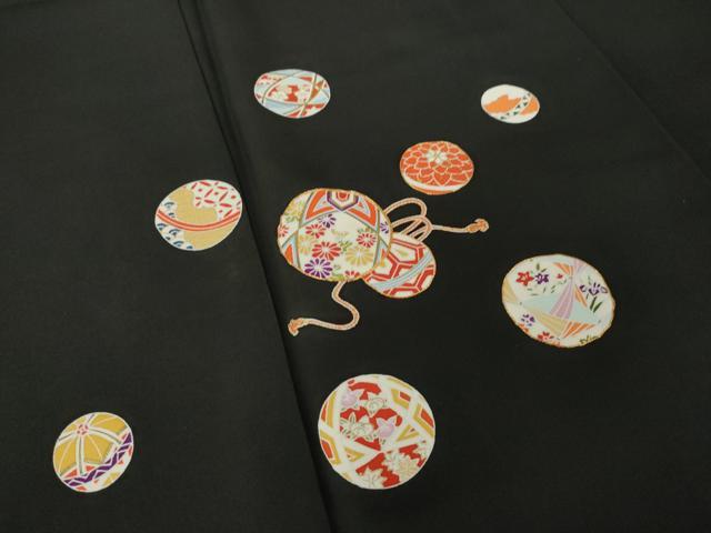 平和屋着物●訪問着　駒刺繍　花毬文　黒地　金彩　正絹　逸品　AABK8521ck