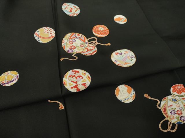 平和屋着物●訪問着　駒刺繍　花毬文　黒地　金彩　正絹　逸品　AABK8521ck