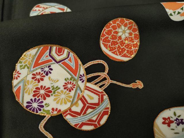 平和屋着物●訪問着　駒刺繍　花毬文　黒地　金彩　正絹　逸品　AABK8521ck