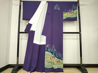 平和屋着物●染色作家　林川信夫　訪問着　アラビア人物風景文　ろうけつ染　正絹　逸品　AABK8537ck
