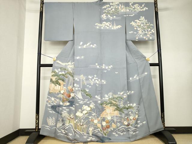 平和屋着物●訪問着　駒刺繍　流水風景花文　金彩　正絹　逸品　AABK8538ck