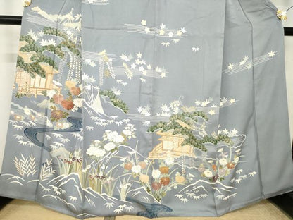 平和屋着物●訪問着　駒刺繍　流水風景花文　金彩　正絹　逸品　AABK8538ck