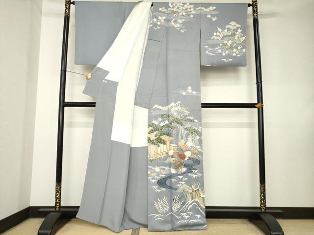 平和屋着物●訪問着　駒刺繍　流水風景花文　金彩　正絹　逸品　AABK8538ck