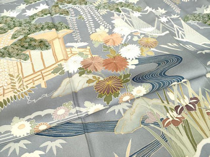 平和屋着物●訪問着　駒刺繍　流水風景花文　金彩　正絹　逸品　AABK8538ck