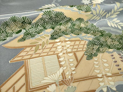 平和屋着物●訪問着　駒刺繍　流水風景花文　金彩　正絹　逸品　AABK8538ck