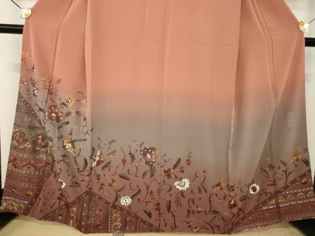 平和屋着物●訪問着　総刺繍　奏斗刺繍　更紗花文　暈し染め　正絹　逸品　AABK8541ck
