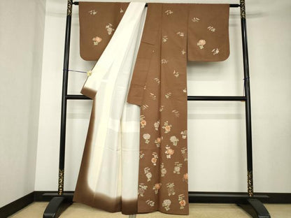平和屋着物●訪問着　紬地　草花文　ろうけつ染　正絹　逸品　AABK8543ck