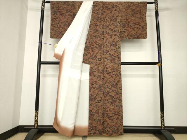 平和屋着物●上質な小紋　型染め　流水花文　鬼しぼ縮緬　正絹　逸品　AABK8545ck