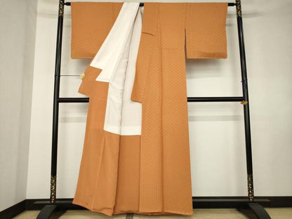平和屋着物●上質な色無地　青海波地紋　赤朽葉色　正絹　逸品　AABK8550ck