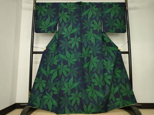 平和屋着物●上質な紬　葉尽くし　正絹　逸品　AABK8552ck