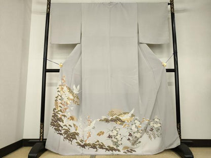 平和屋着物●豪華色留袖　駒刺繍　地紙飛鶴文　金彩　正絹　逸品　AABK8554ck