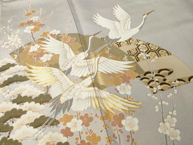 平和屋着物●豪華色留袖　駒刺繍　地紙飛鶴文　金彩　正絹　逸品　AABK8554ck