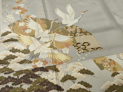 平和屋着物●豪華色留袖　駒刺繍　地紙飛鶴文　金彩　正絹　逸品　AABK8554ck