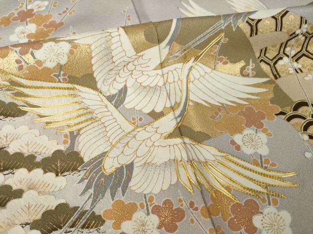 平和屋着物●豪華色留袖　駒刺繍　地紙飛鶴文　金彩　正絹　逸品　AABK8554ck